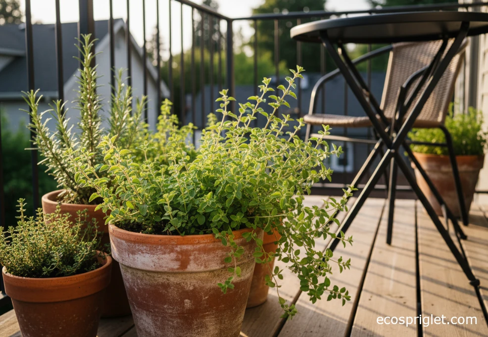 Cluster of balcony herb pots with oregano spilling over its terracotta container.