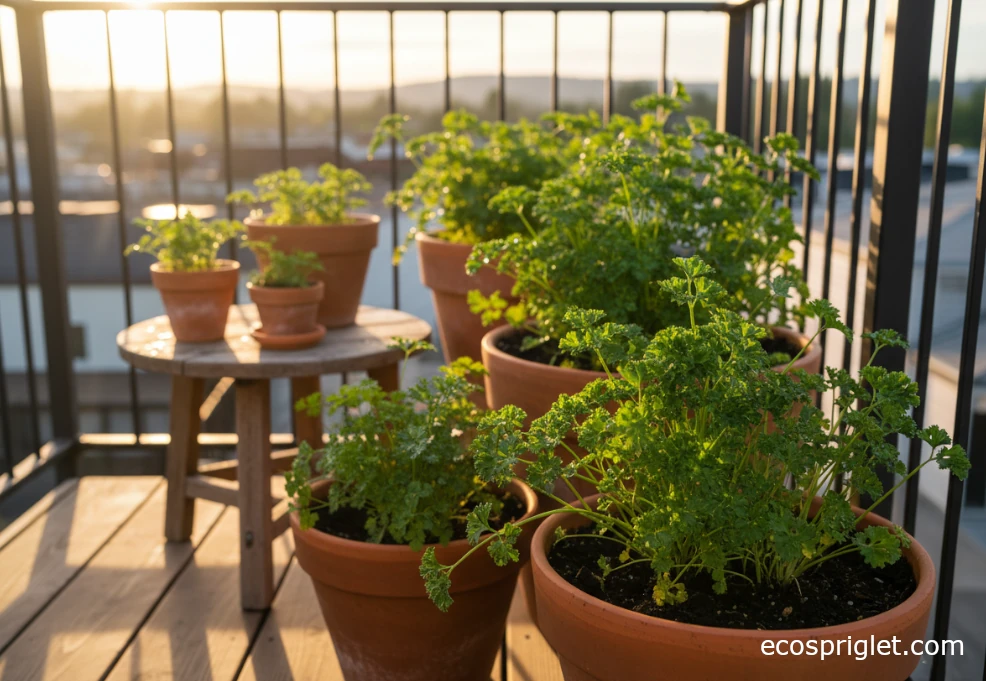 Close view of curly and flat-leaf parsley growing together in terracotta pots on a small wooden balcony table at golden hour.