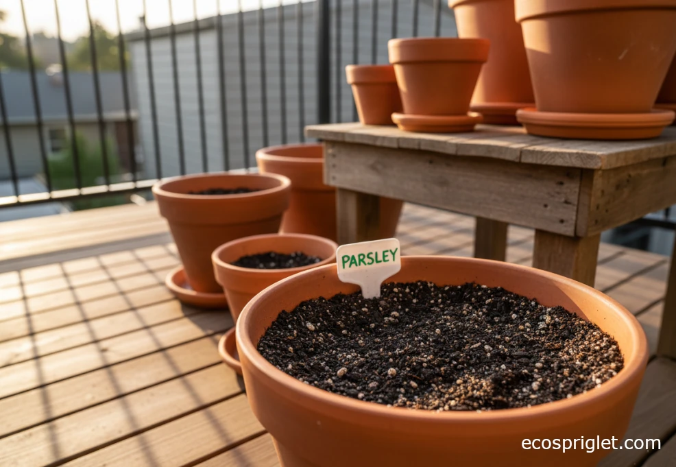 Several terracotta pots of different sizes on a balcony, with one clearly labeled for parsley and filled with rich potting mix.