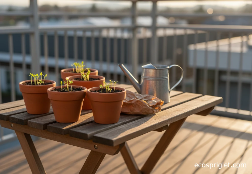Small terracotta pots on a balcony table with parsley seeds just emerging in damp potting mix.