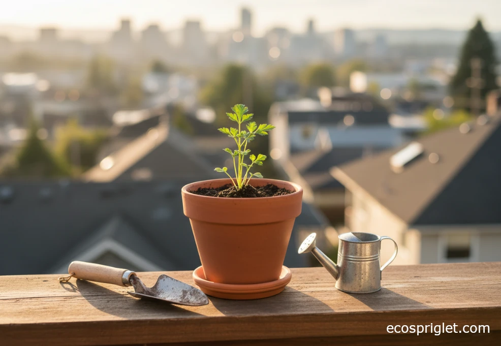 A hand trowel resting next to a parsley seedling newly planted into a terracotta pot on a balcony ledge.