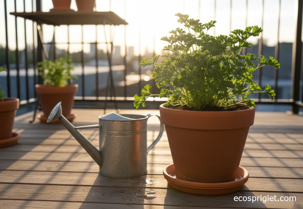 full parsley pot with damp soil and a bit of water draining from the saucer.