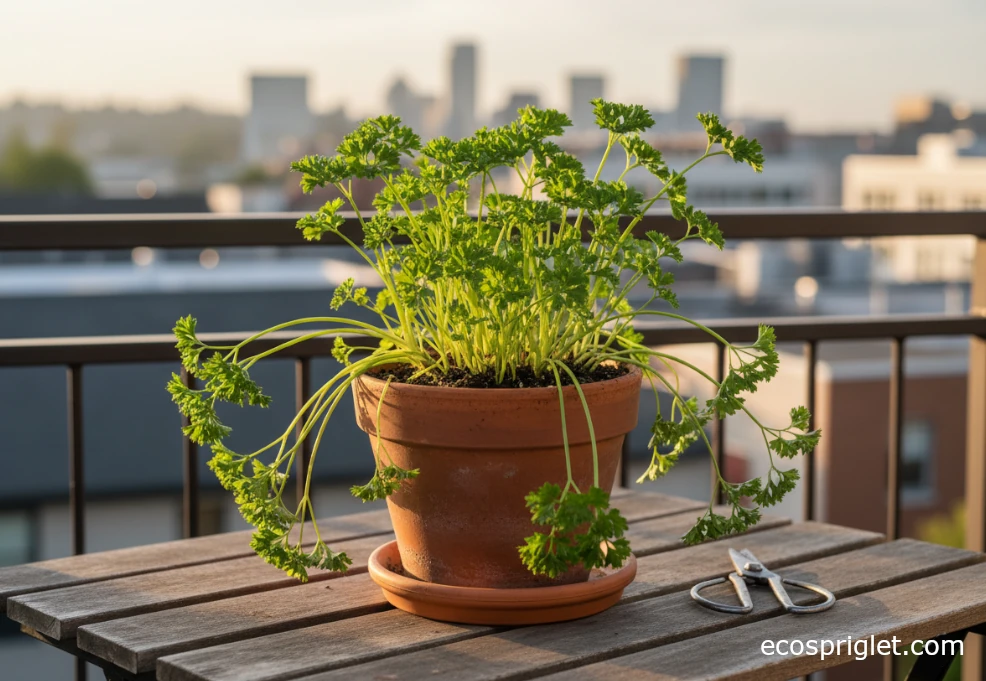 Mature parsley plant in a terracotta pot with the outer stems neatly cut, showing fresh growth in the center.