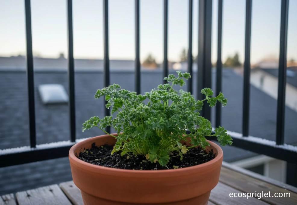 Parsley pot on a chilly balcony with slightly frosted railings but still green leaves in the container.
