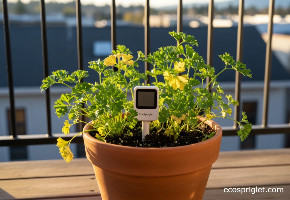 Parsley plant in a pot with a few yellowing leaves among mostly healthy green foliage on a balcony.