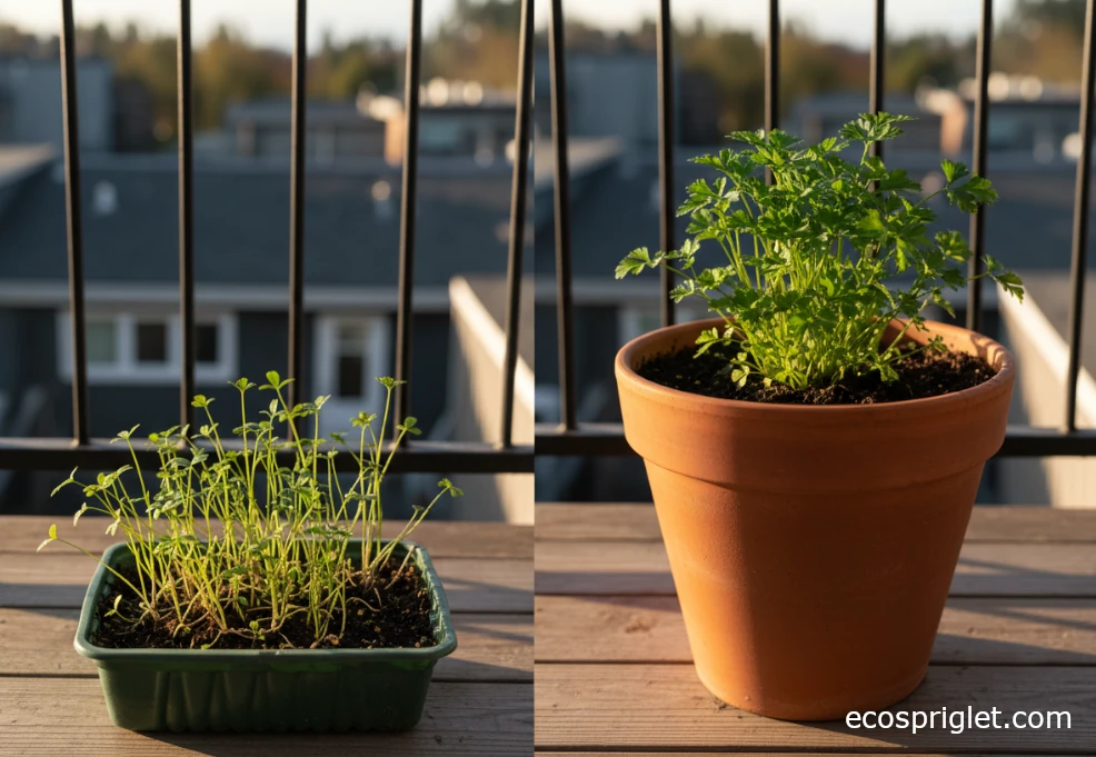 A cramped, shallow plastic pot with overcrowded parsley seedlings next to a deeper terracotta pot with one healthy parsley plant.