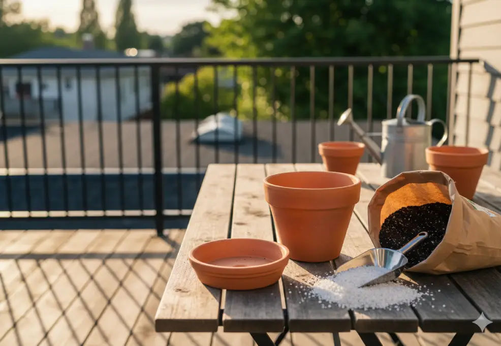 Two terracotta pots and potting mix with perlite on a terrace table in warm light.