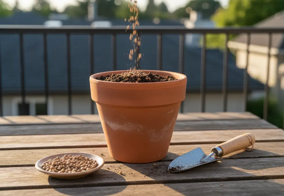 Cilantro seeds scattered over potting mix in a terracotta pot on a terrace table.