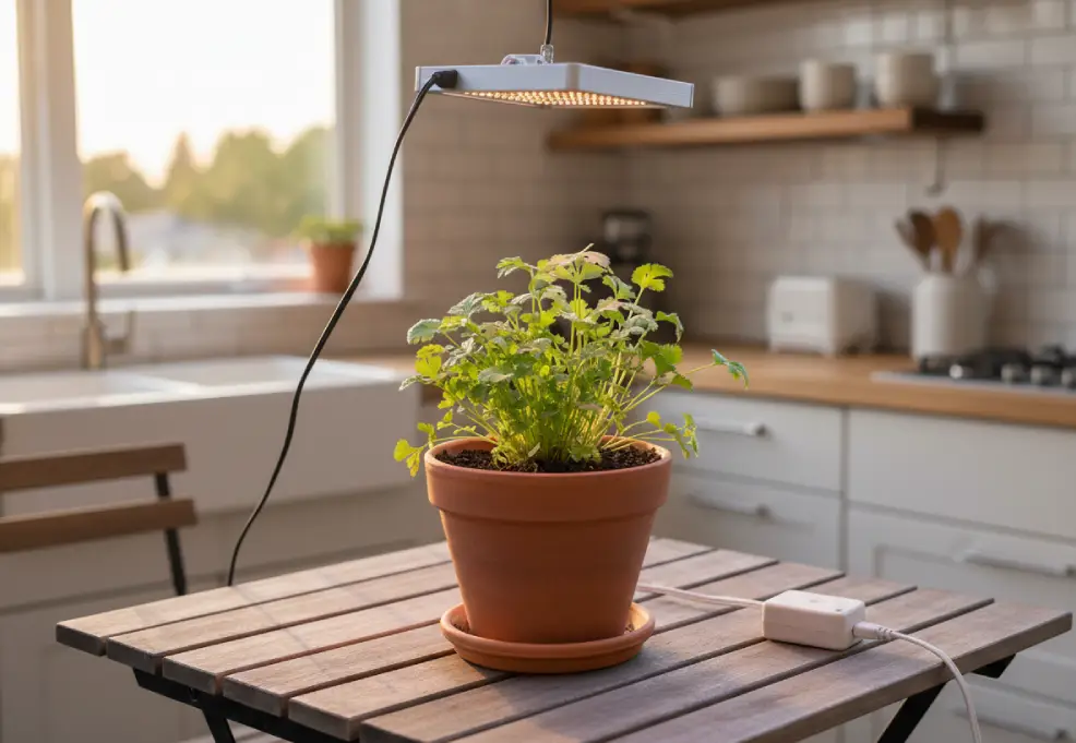 Cilantro growing in a terracotta pot beneath a small LED grow light and timer.