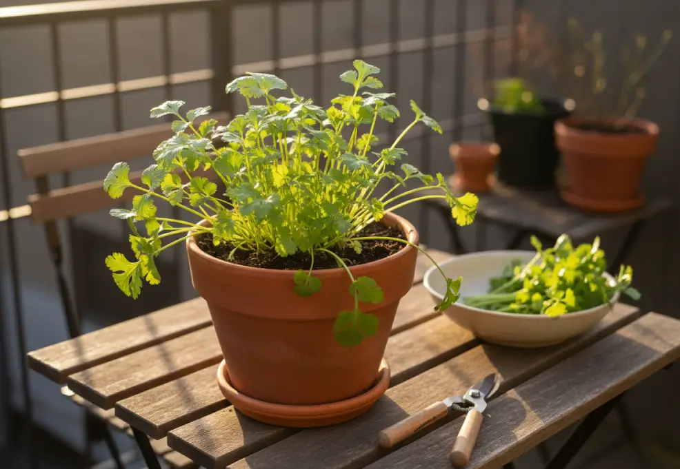Cut cilantro stems and pruning snips beside a terracotta pot showing fresh new growth.
