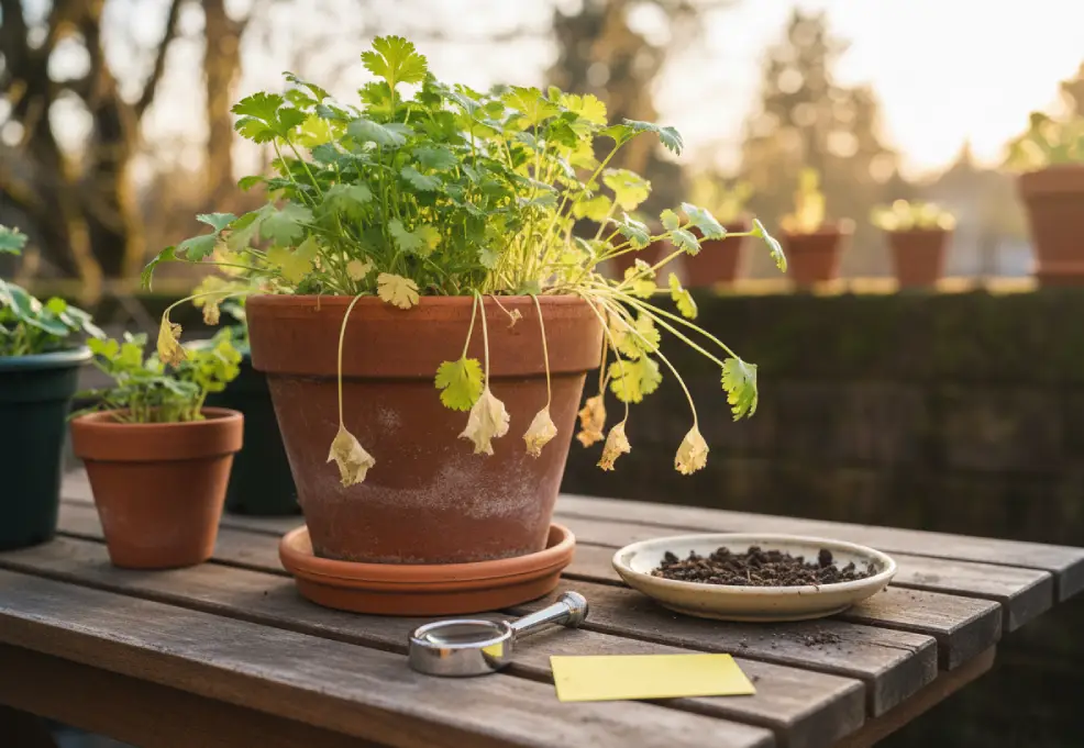 Cilantro in a terracotta pot with a few yellow leaves and pest-check tools nearby.