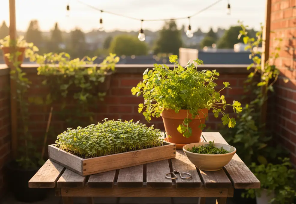 Cilantro microgreens tray beside a terracotta pot of mature cilantro on a terrace table.