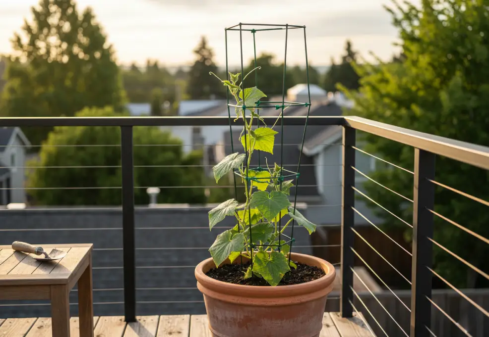 Vining cucumber climbing a balcony trellis in a large terracotta pot.