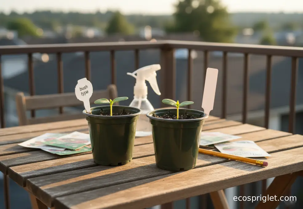 Two cucumber seedlings in nursery pots on a balcony table, ready to transplant.