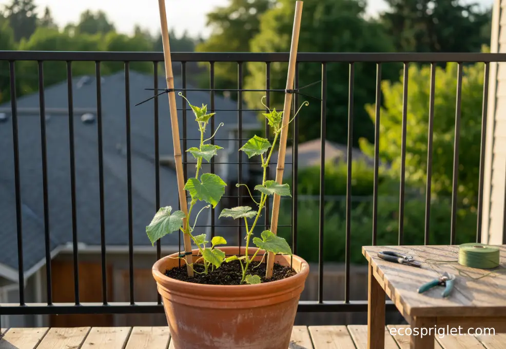 Cucumber vines climbing a sturdy pot-anchored trellis with soft garden ties.