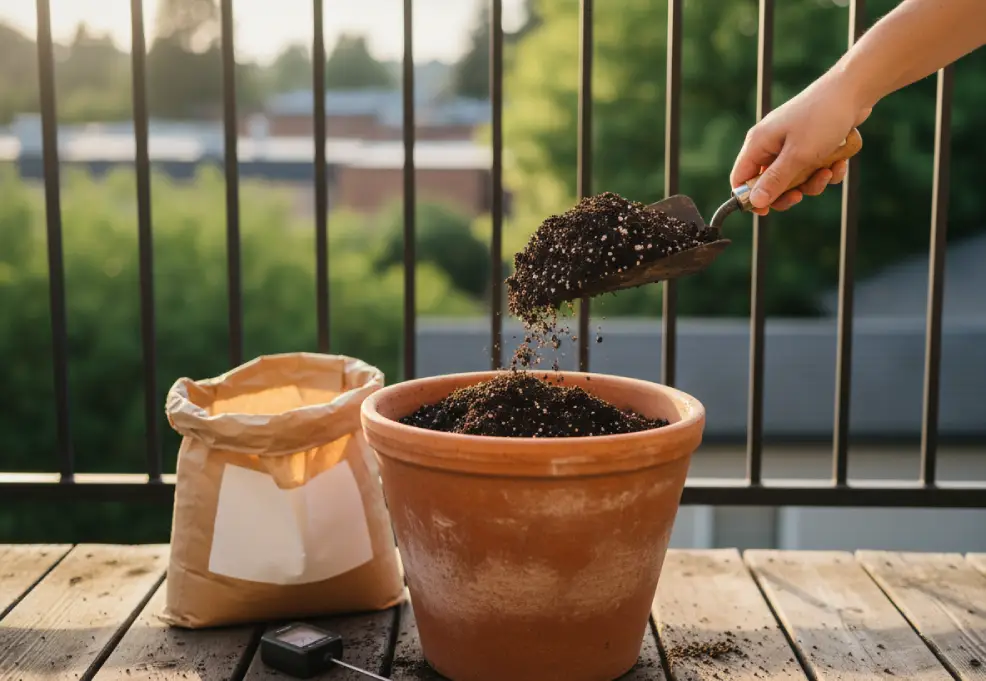 Potting mix with visible perlite being added to a terracotta pot for cucumbers.