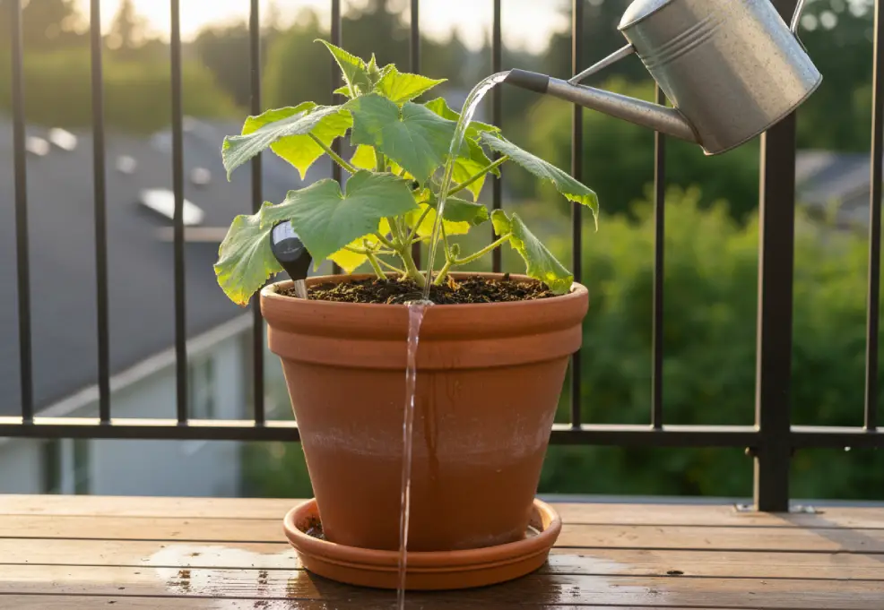 Watering a potted cucumber plant until water drains from the bottom.