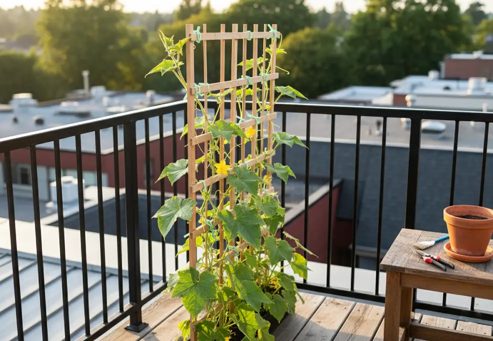 Cucumber vine clipped to a trellis with yellow flowers ready for pollination.