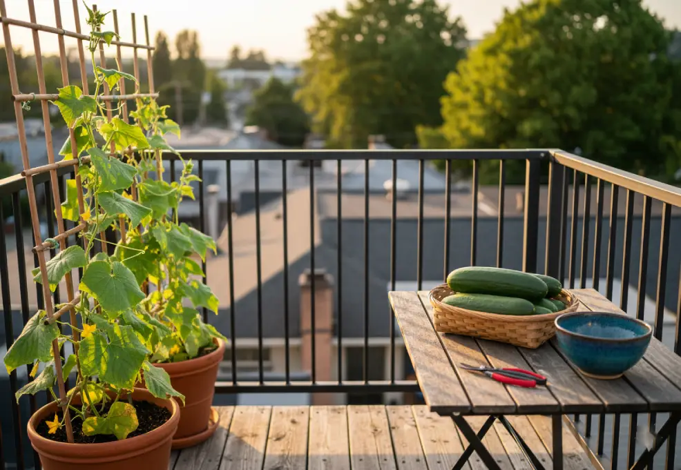Basket of freshly harvested cucumbers on a balcony table beside a potted cucumber vine.