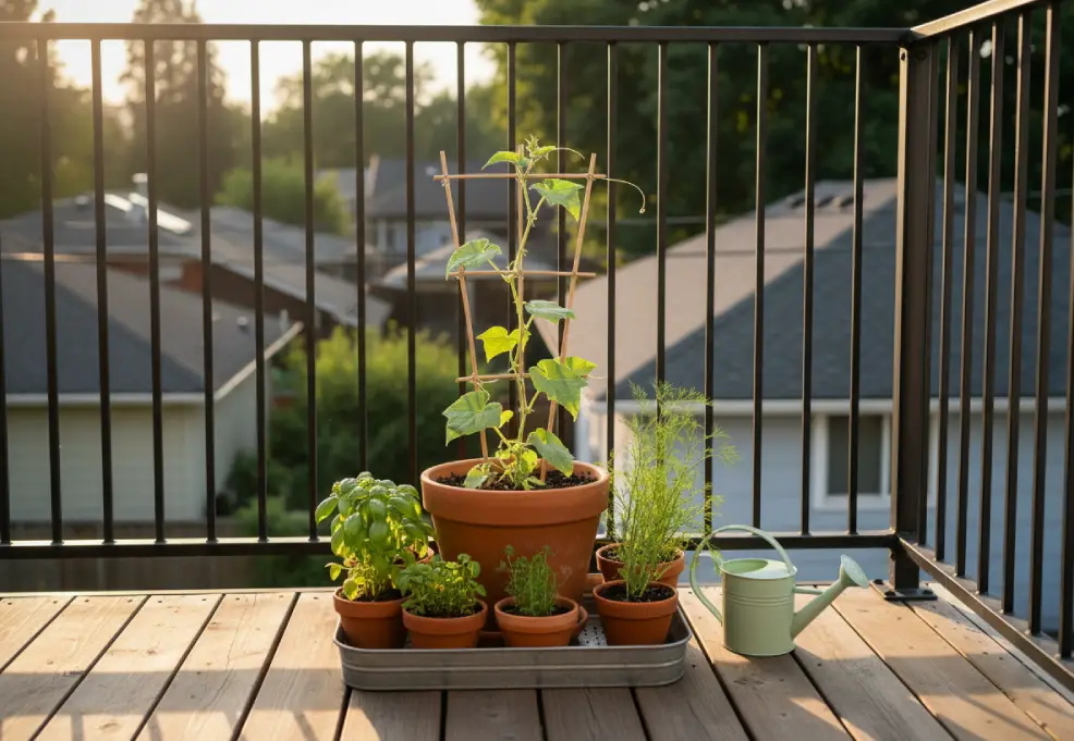 Potted cucumber trellis near a balcony railing with companion herbs in terracotta pots.