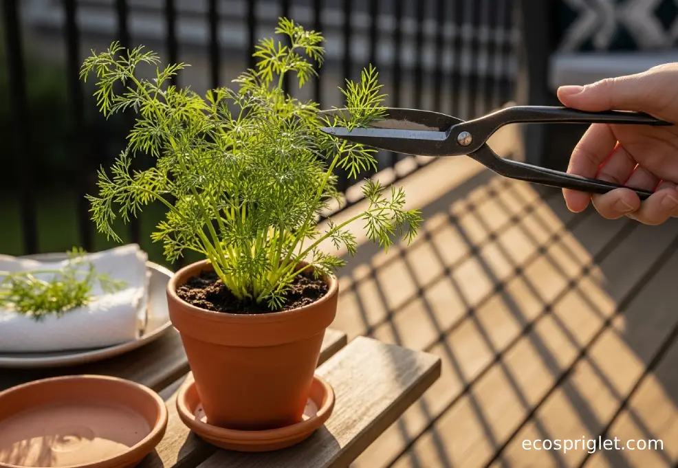 Herb snips cutting a few dill fronds above a leaf junction on a potted dill plant beside a terracotta saucer.