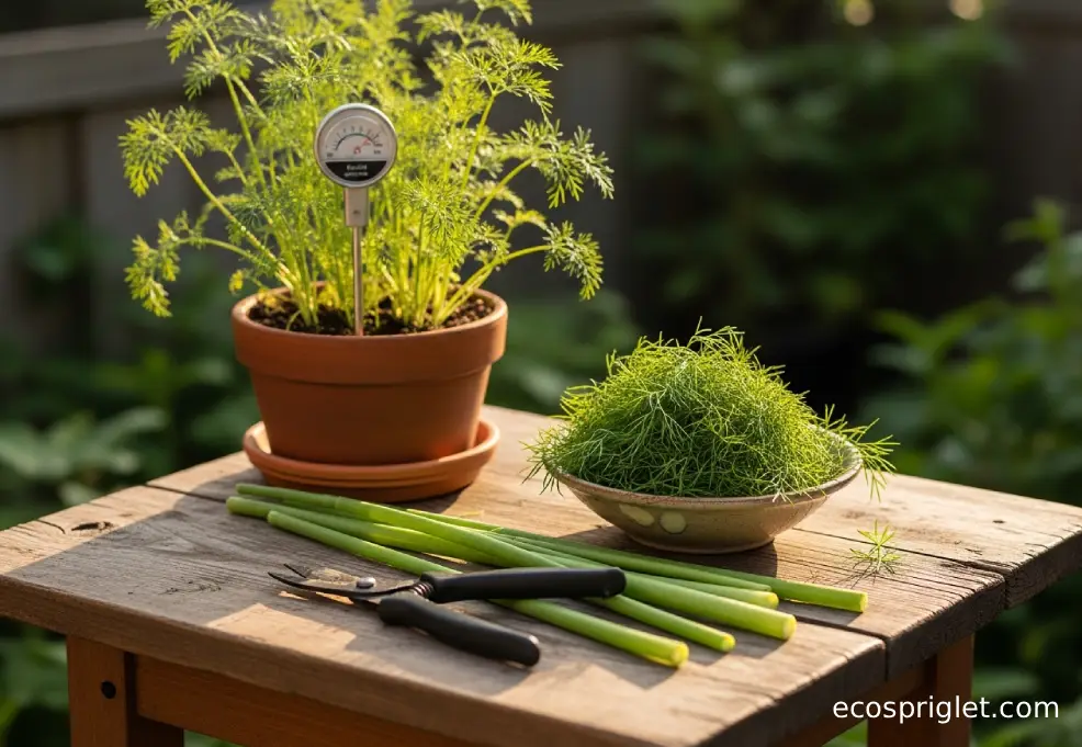 Trimmed dill stems with fresh cut ends resting on a wooden table next to a small bowl of harvested fronds.