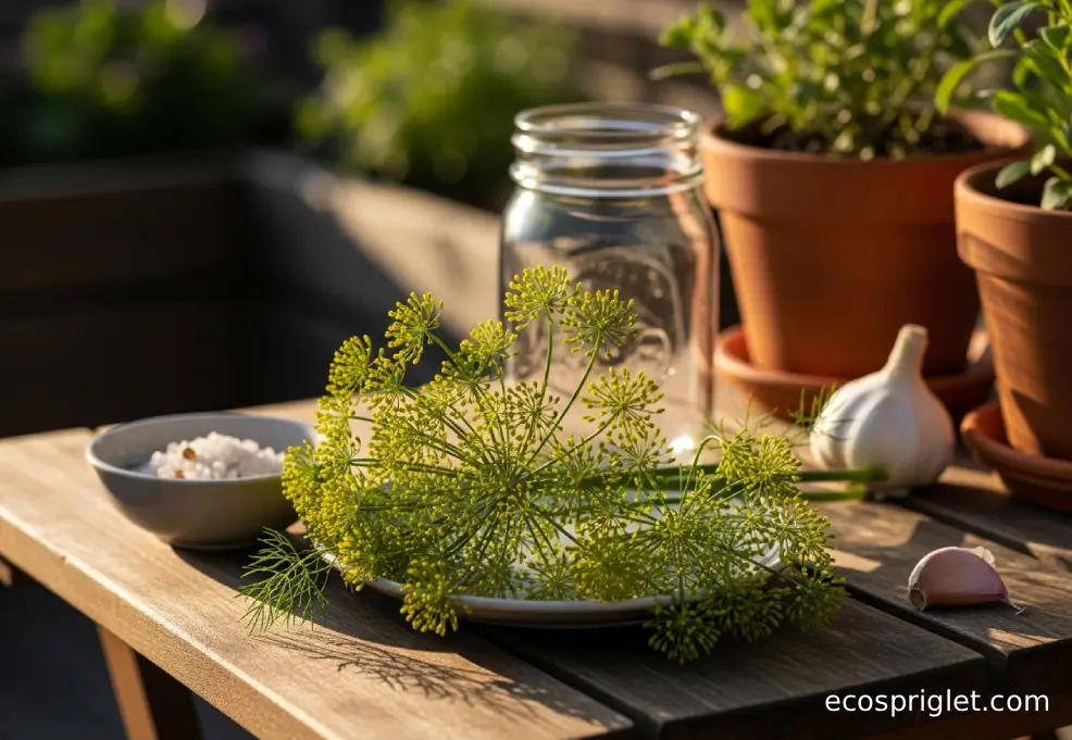 Fresh dill flower umbels and fronds arranged on a small plate beside a mason jar and pickling salt on a terrace table.