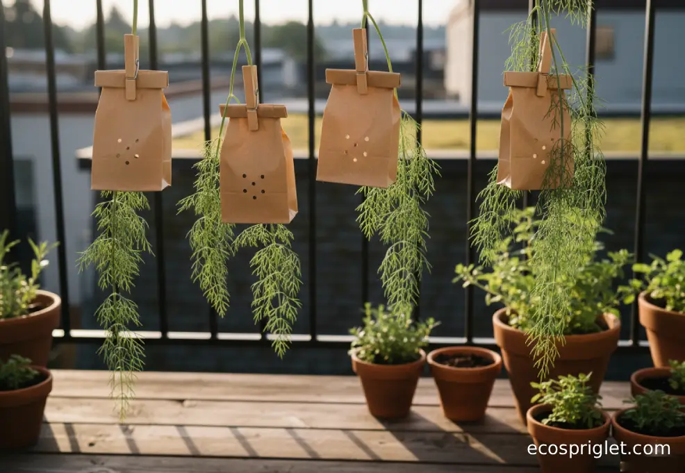 Dill seed heads drying upside down inside a small paper bag clipped to a railing on a sunny balcony.