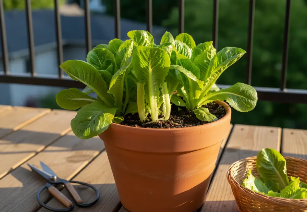 Scissors cutting outer leaf lettuce leaves above the crown in a terracotta pot on a wooden terrace table.