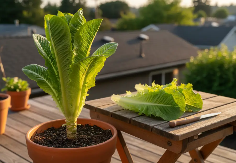 Romaine lettuce in a container with outer leaves being snapped off cleanly, leaving the center intact.