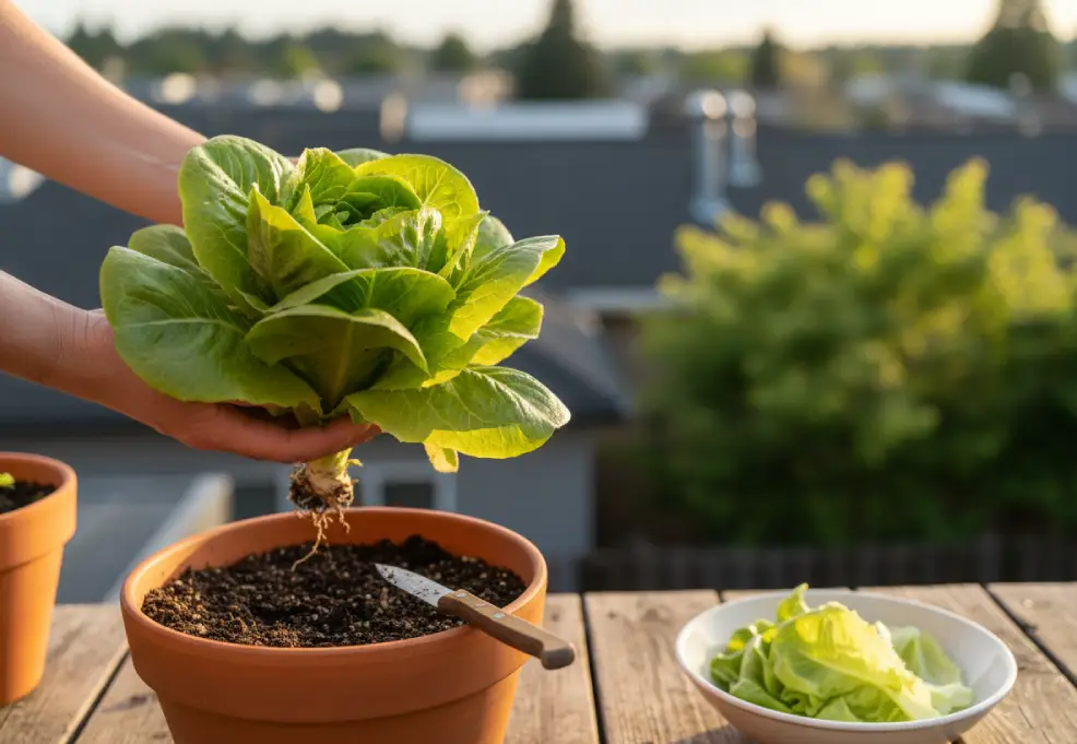 Butter lettuce rosette being lifted and cut at the base with a small knife beside terracotta pots on a terrace.
