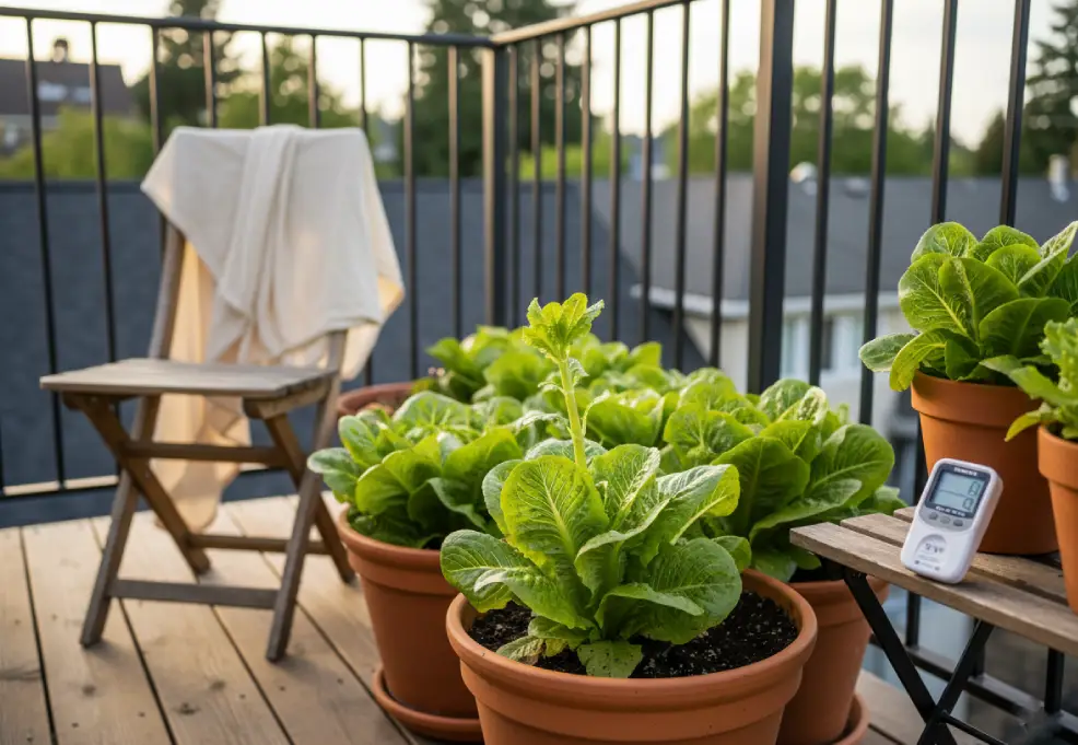 Lettuce plant beginning to bolt with a taller center stem, next to healthy leaf lettuce in containers on a terrace.