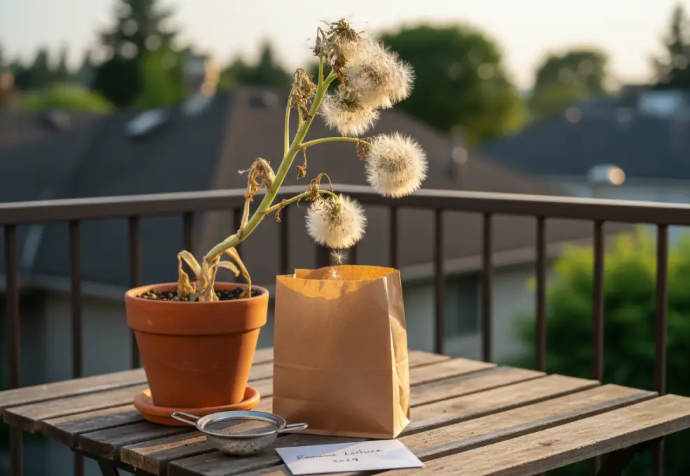 Paper bag collecting fluffy lettuce seed heads above a terracotta pot on a terrace table at golden hour.
