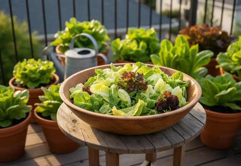Bowl of mixed harvested lettuce leaves with herbs on a rustic terrace table beside terracotta pots at golden hour.