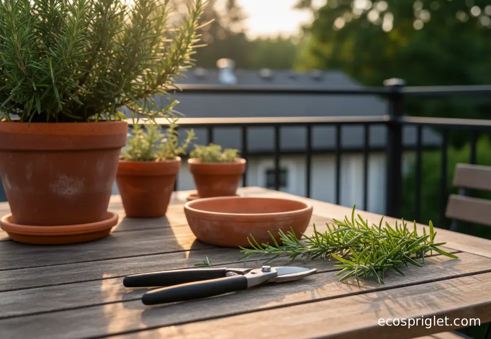 Close-up of rosemary sprigs and clean pruning snips on a rustic terrace table beside a terracotta pot.