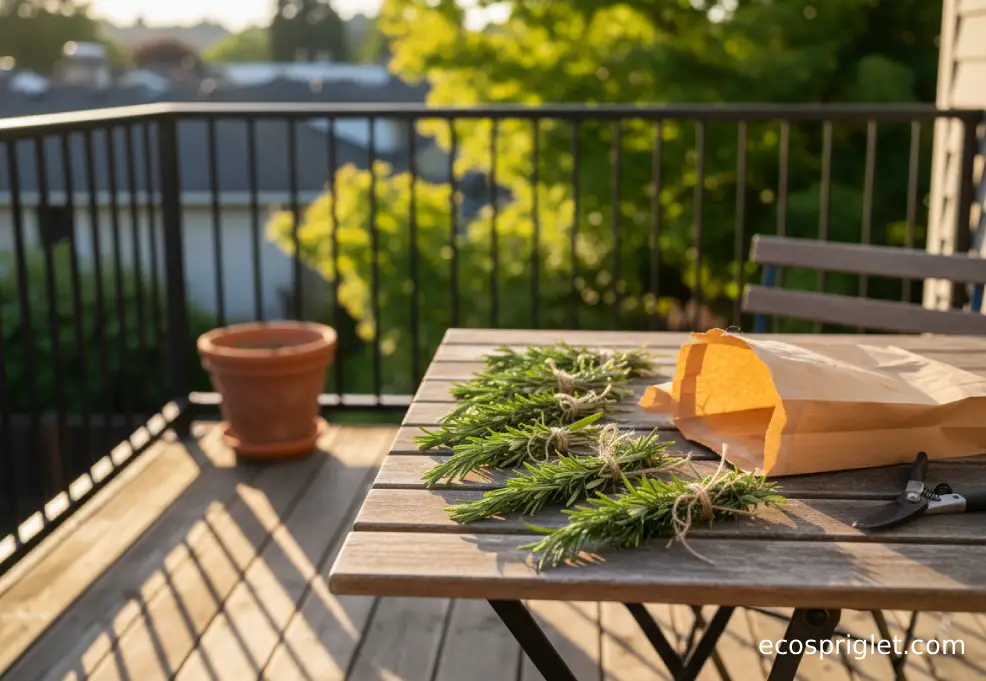Small bundles of rosemary sprigs tied with twine on a terrace table next to a brown paper bag for drying.