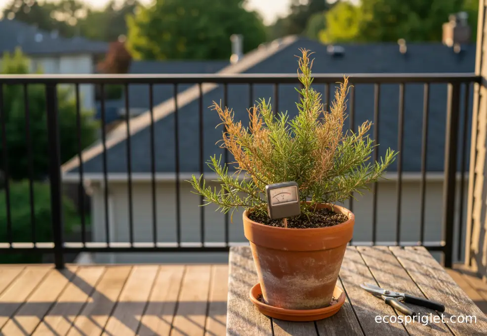 Rosemary plant with a few browned tips and a moisture meter on the terrace table beside the pot.