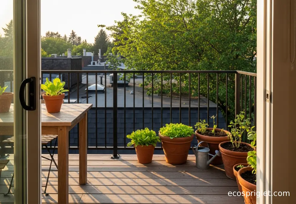 Terracotta pots of lettuce seedlings indoors under a small LED grow light near a bright window.