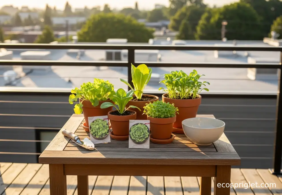 Different lettuce types in small pots with seed packets beside them on a wooden table.