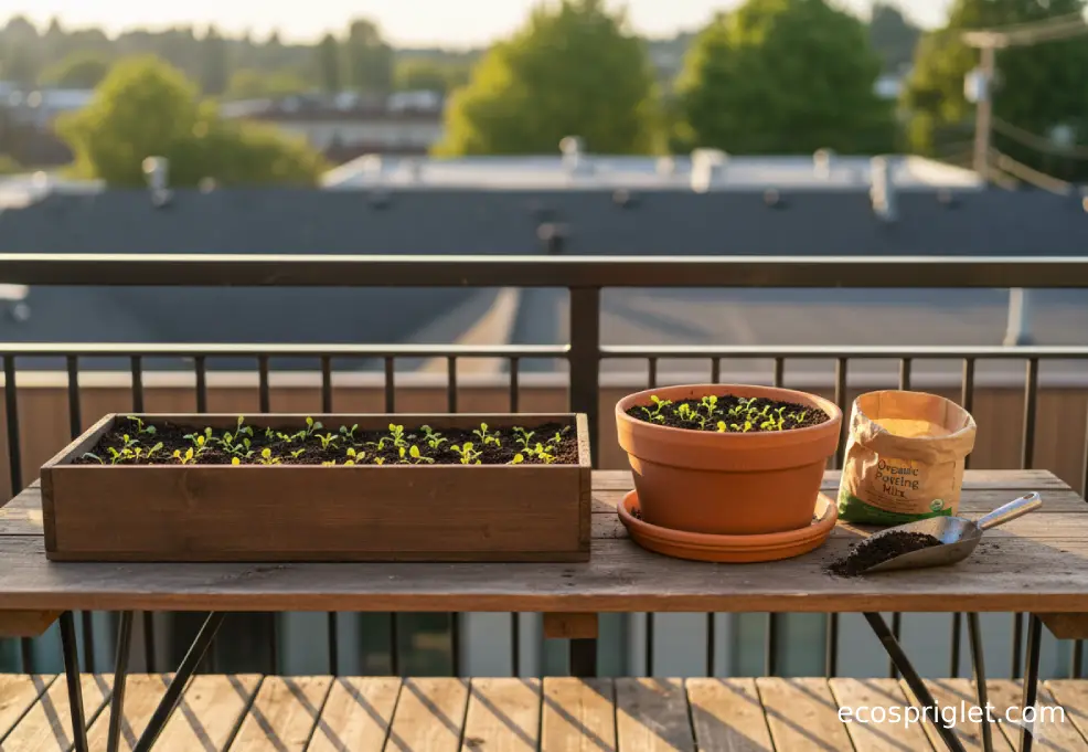 A shallow planter and a deeper pot with lettuce seedlings, both sitting on drip trays with drainage holes visible.