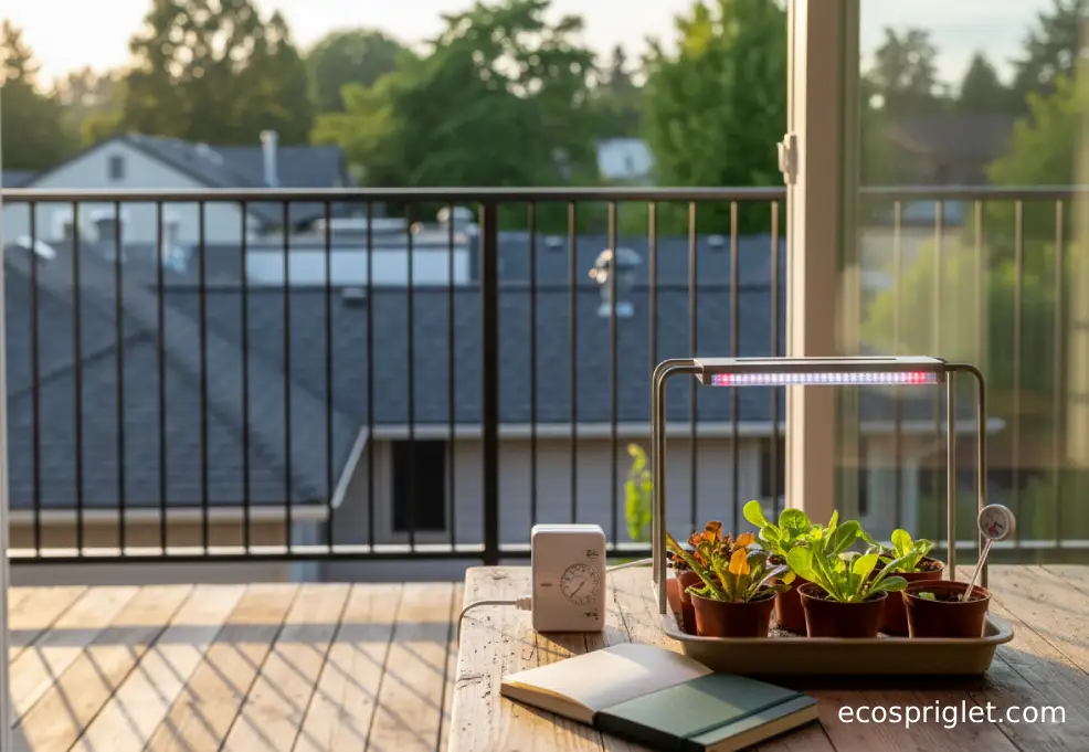 A small LED grow light hanging above indoor lettuce seedlings with a timer beside a sunny window.