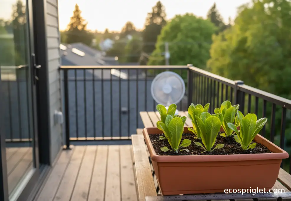 Romaine seedlings spaced in a planter indoors with a small fan nearby for gentle airflow.