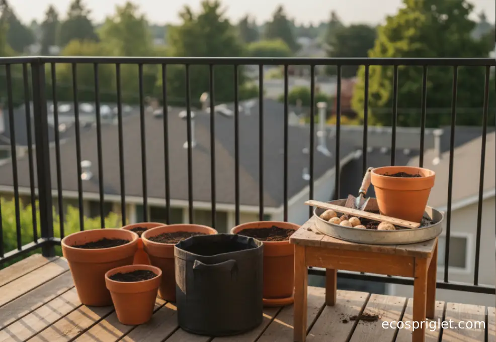 Terracotta pots and a fabric grow bag set up for planting potatoes on a small terrace.