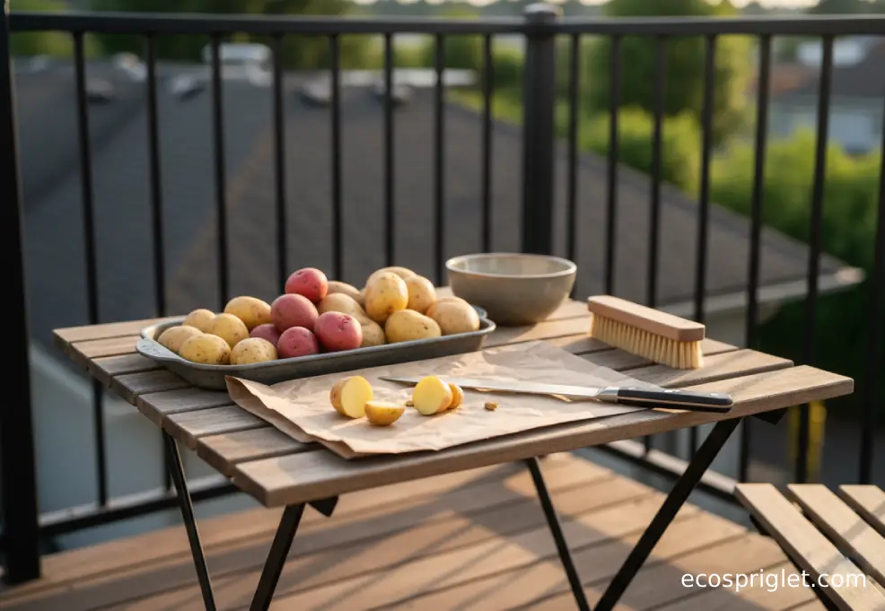 Certified seed potatoes and cut seed pieces drying on paper on a terrace table.