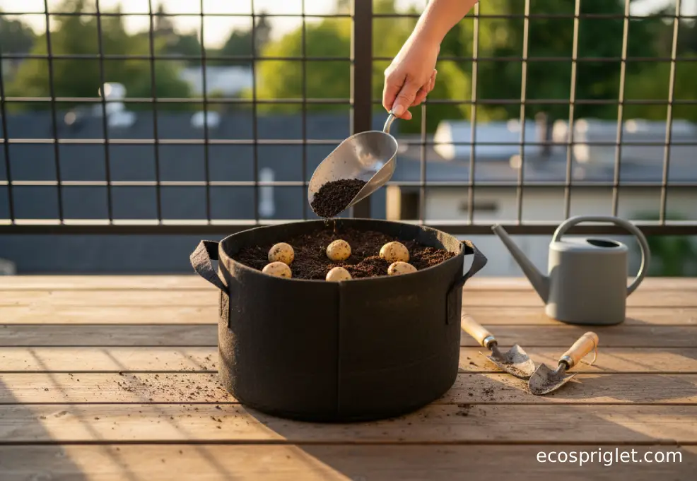 Seed potatoes spaced in a half-filled grow bag before being covered with soil.