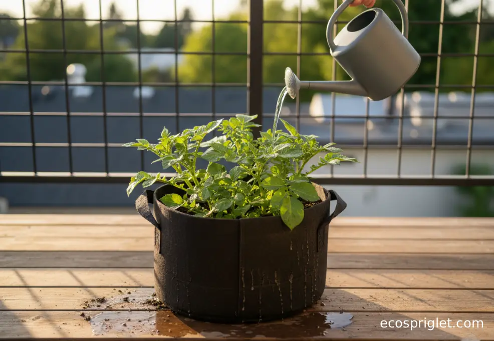 Watering a potato container thoroughly on a terrace until excess drains out.