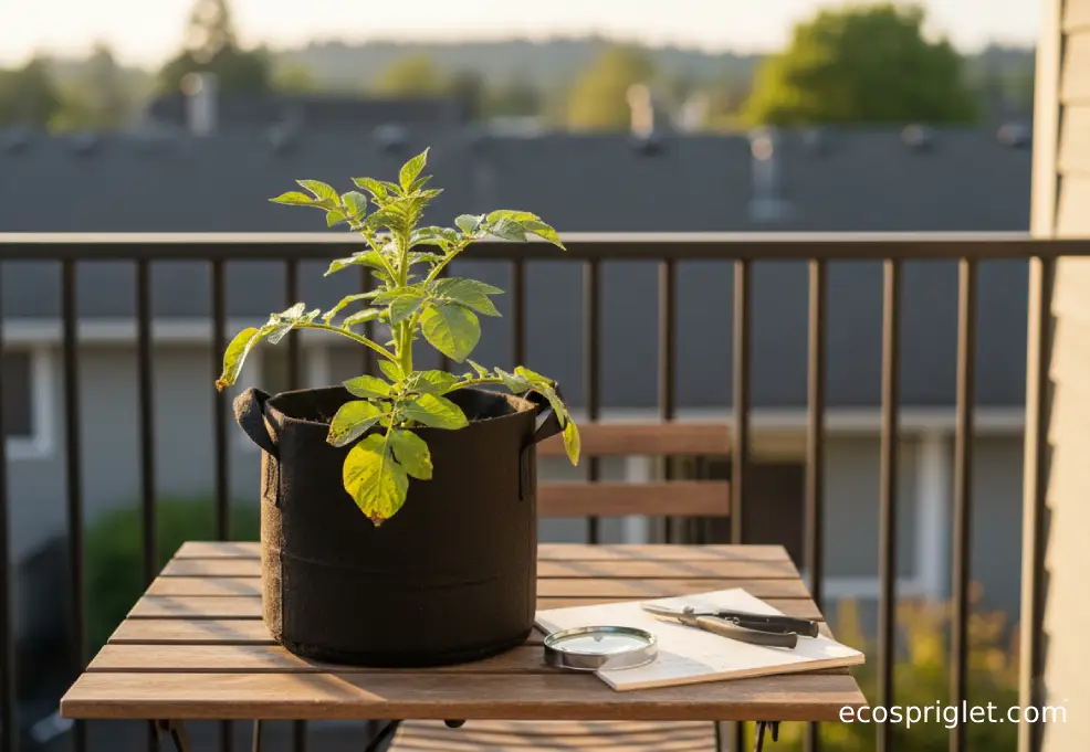 Checking potato leaves for stress and pests with a magnifying lens on a terrace.