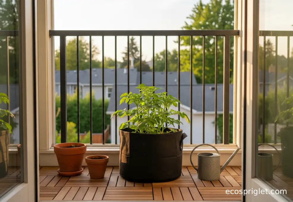 Potato plant in a container near a bright window with a small grow light overhead.