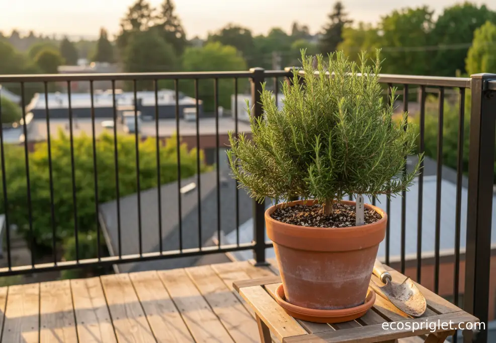 Healthy rosemary growing in a terracotta pot on a sunny balcony table with gritty, well-drained soil.