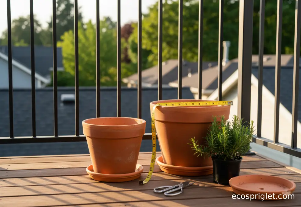 12-inch and 16-inch terracotta pots measured on a balcony beside a rosemary plant ready for transplanting.
